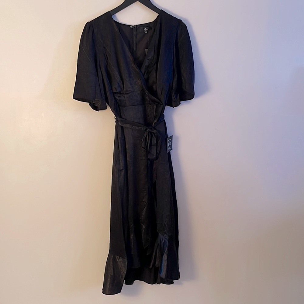 🆕Wrapped Up In Love Black Satin Faux-Wrap Midi Dress